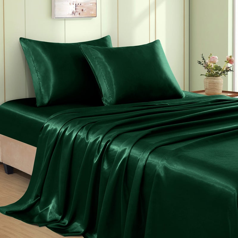 VACVELT 4pcs Emerald Green Satin Bed Set  Full Size  15 Inch Deep Pocket  Soft Satin Bedding Set  Cooling & Luxury  1 Fitted Sheet + 1 Flat Sheet + 2 Pillowcases - Image 1